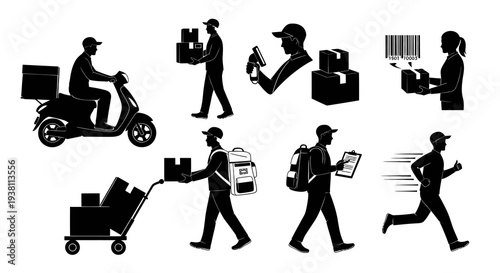 Delivery Service Icons: Scooter, Man with Boxes, Runner, Courier