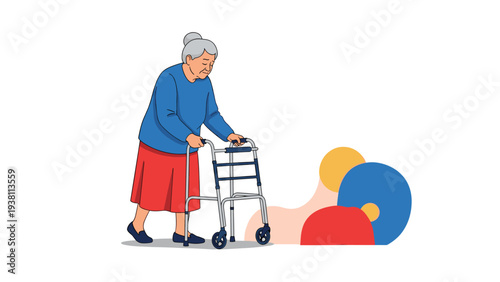 Senior woman using a metal walker for support and mobility while walking slowly against a colorful abstract background.