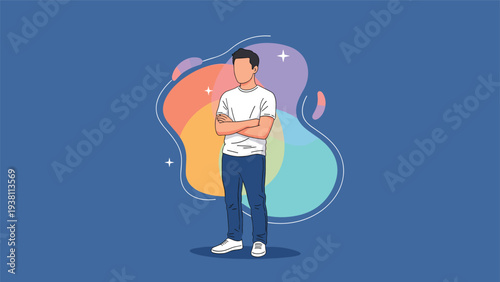 Young man in a white t-shirt and blue jeans stands confidently with arms crossed against a colorful abstract backdrop.