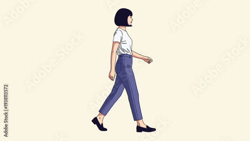 Woman with short black hair walks confidently in profile view wearing a simple white shirt and blue trousers for a casual look.