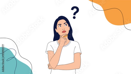 Young woman in a white t-shirt looks upward with a thoughtful expression and a question mark icon for effective problem solving.