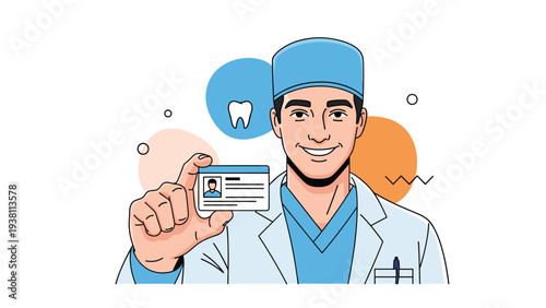 Friendly male dentist in blue scrubs and medical cap holds up a professional identification card with a pleasant smile.