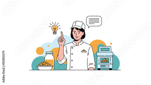 Cheerful female chef points to a lightbulb idea while working in a modern kitchen filled with ingredients and equipment.