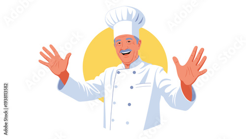 Happy senior male chef in a traditional white uniform and tall hat spreads his arms wide with a big joyful smile.