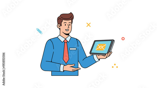 Cheerful businessman in a blue shirt and red tie presents a digital tablet showing an email icon on the screen.