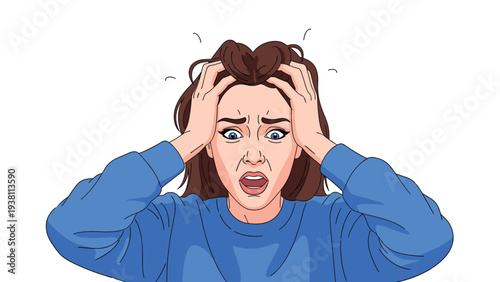 Frustrated young woman screaming and pulling her hair due to extreme stress, panic, or anger on a white background.