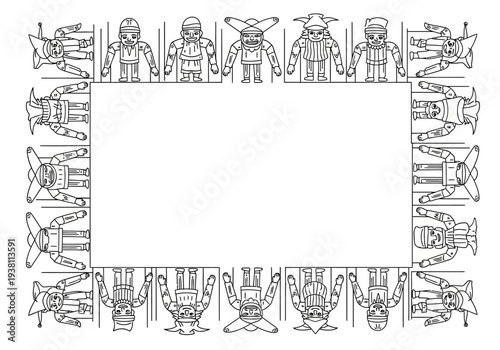 Black and white border frame featuring stylized humanoid figures in various orientations