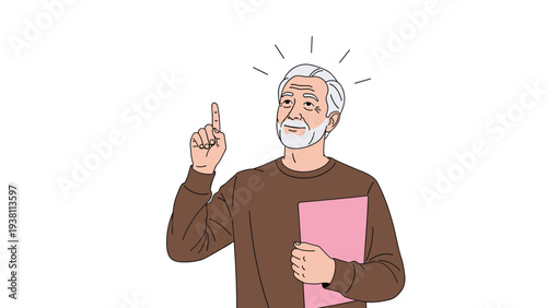 Elderly man with grey hair and beard points upward with a folder in hand, looking inspired by a brilliant new creative idea.