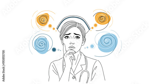 Stressed female nurse thinking deeply with hand on her chin and swirling confusion symbols around her head on white background.