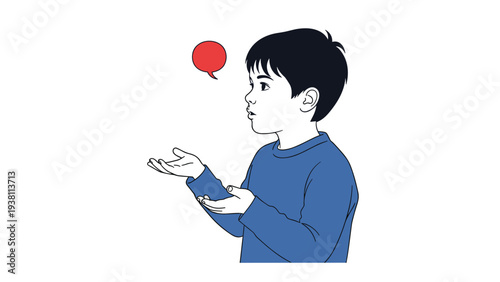 Young boy in a blue shirt gesturing with his hands while speaking with a red speech bubble icon floating near his head.