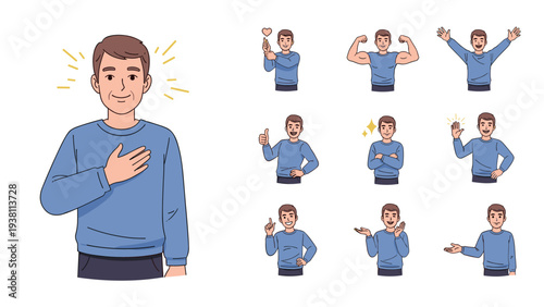 Diverse set of male character icons showing various emotions and gestures like heart, strength, waving, and deep thinking.