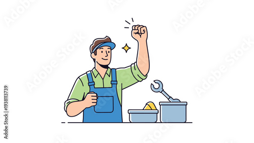 Successful plumber in blue overalls raises a clenched fist in victory next to his heavy toolbox and plumbing fixtures.