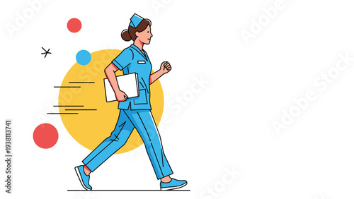 Dedicated nurse in blue scrubs runs quickly through the hospital while holding a patient folder for urgent emergency care.