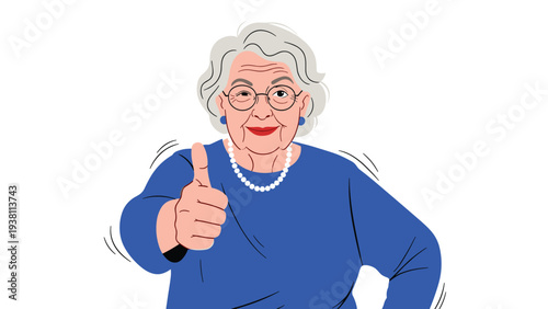Cheerful elderly woman with grey hair and glasses gives a big thumbs up gesture to show her full approval and success.