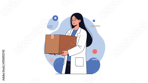 Female medical professional in a white lab coat carrying a brown cardboard box for transport on an abstract blue background.