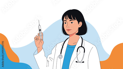 Professional medical worker in a white lab coat holding a syringe prepared for a vaccination or an injection on blue.