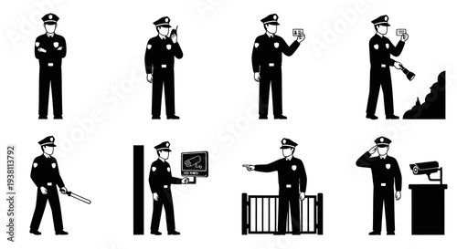 Security Guard Icons: Black  White Glyph Set