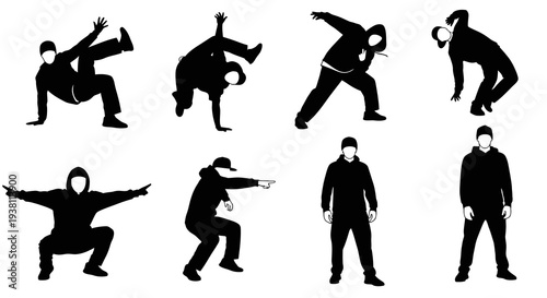 Breakdance Silhouette Dancers Poses - Black  White Graphic Art