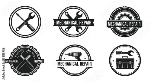 Mechanical Repair Logos - Tools, Wrench, Screwdriver, Hammer, Drill, Gear