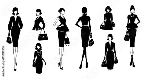 Black  White Line Art Silhouettes of Business Women in Suits with Bags