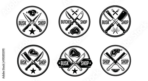 Black and White Butcher Shop Logos with Knives and Meat