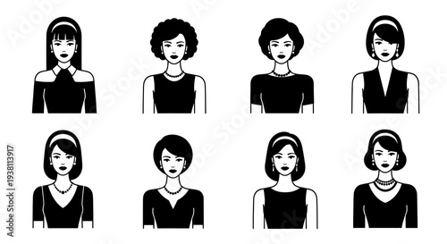 Black and White vector illustrations of women's fashion and hairstyles