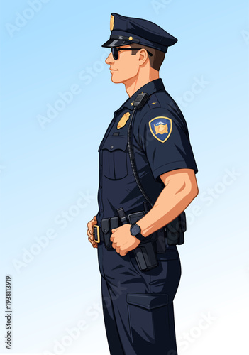 067-27-Police officer wearing cap, uniform, and sunglasses, representing law enforcement and authority
