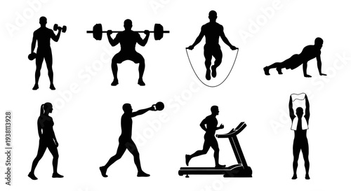 Fitness  Gym Silhouettes: Weightlifting, Jump Rope, Treadmill, Yoga