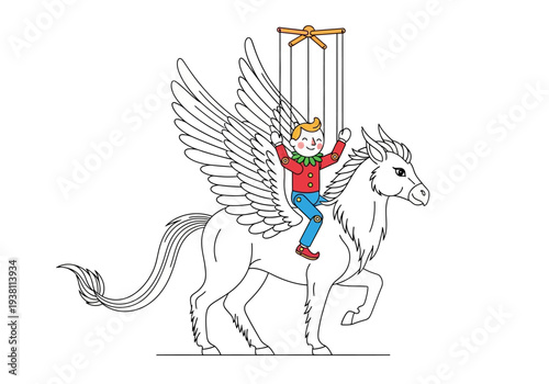 Coloring page of a marionette riding a winged horned horse