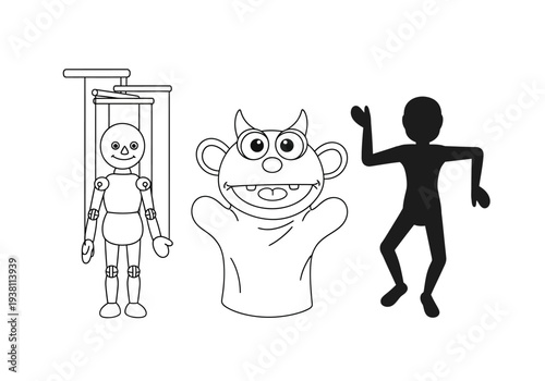 Line art of a marionette monster hand puppet and shadow figure