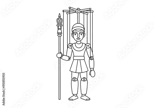 Outline drawing of a male marionette holding a decorative staff under a control bar