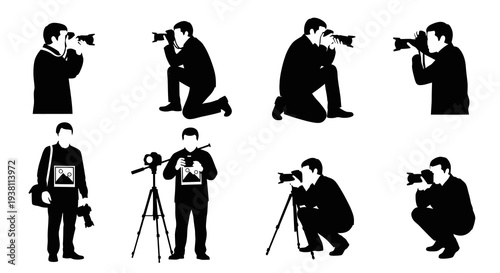 Black  White Silhouettes of Photographers with Cameras, Stock Vector Art