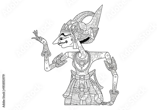 Outline drawing of a traditional Javanese Wayang Kulit shadow puppet figure