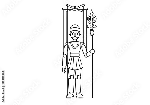 Outline drawing of a marionette soldier holding a ceremonial spear