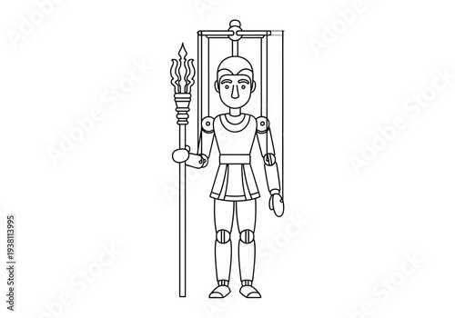 Outline drawing of a stringoperated marionette holding a tridentlike torch