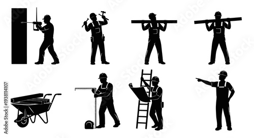 Construction worker silhouettes: drilling, hammering, carrying beams, plans, wheelbarrow