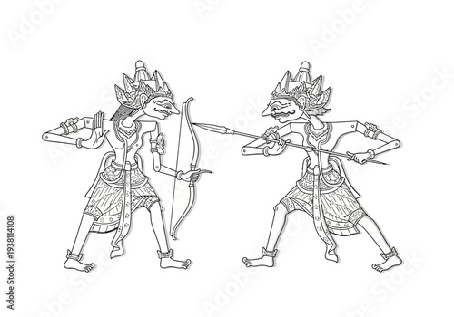 Two stylized blackandwhite shadow puppets facing off in combat