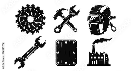 Black  White Icons: Industrial Tools, Gear, Welding Mask, Factory, Wrench