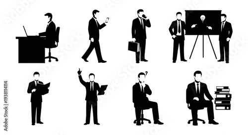 Business People Silhouettes: Office Work, Presentation, Thinking, Studying Icons