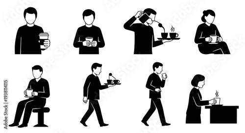 Black  White Icons of People Enjoying Coffee in Various Poses