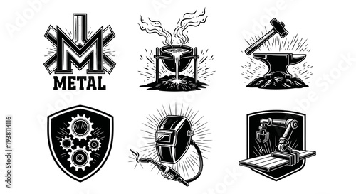 Black and White Vector Icons of Metal Industry Tools and Equipment