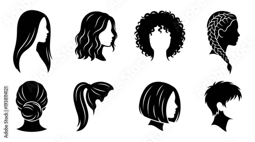 Black and White Silhouettes of Diverse Hairstyles for Women and Men