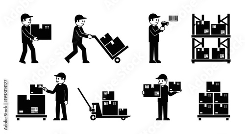Warehouse worker icons: loading, scanning, and storing boxes