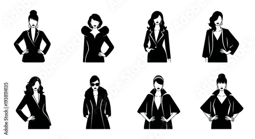 Black  White Vector Icons of Fashionable Women in Stylish Outfits