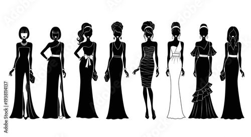 Black  White Fashionable Women Silhouettes Elegant Dresses Vector Art