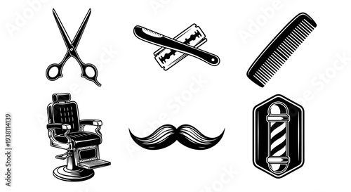 Black and White Barber Icons Set - Scissors, Razor, Comb, Chair, Mustache, Pole