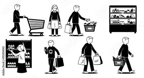 Black and White Icons of People Shopping, Groceries, and Retail