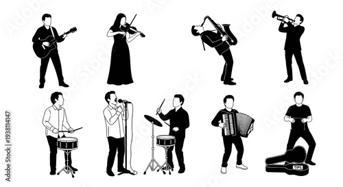 Black and White Line Art Musicians Playing Various Instruments