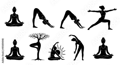 Black  White Yoga Poses Collection, Health  Wellness Silhouettes