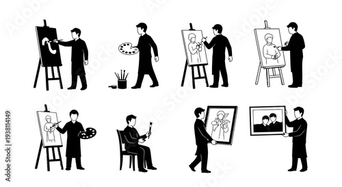 Artists painting portraits on easel, holding artwork, vector black and white icons